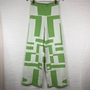 Princess Polly Green Geometric Knit Wide Leg Pants High Rise M/L Abstract Retro